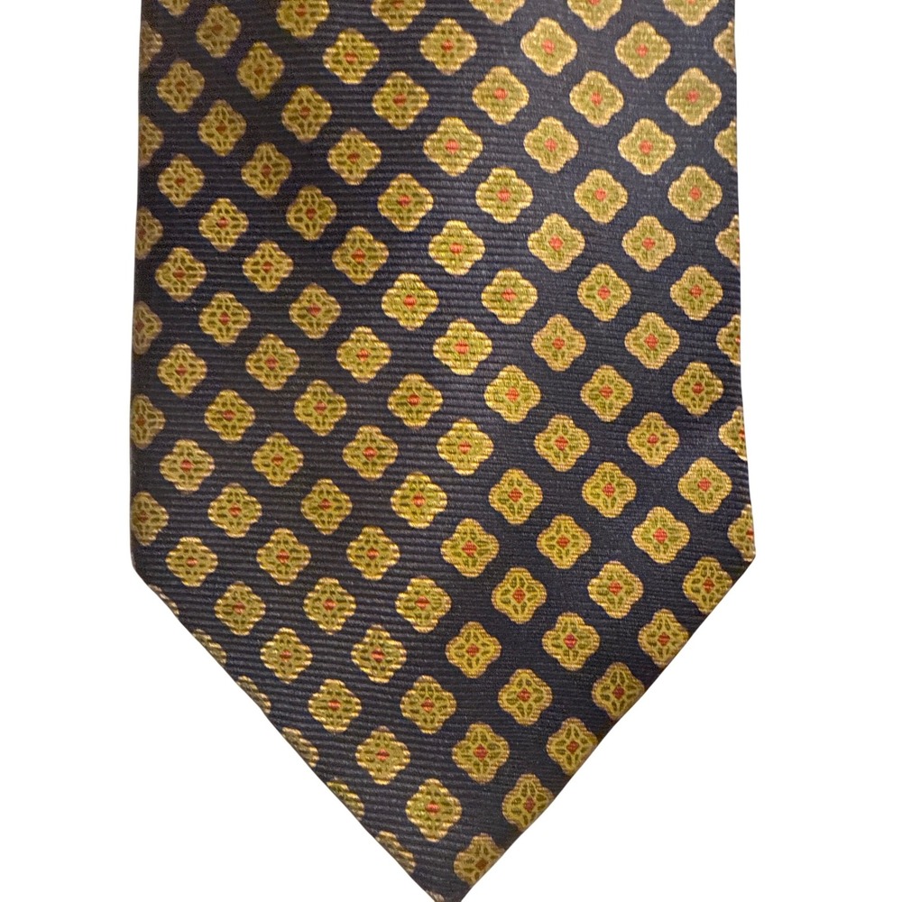 Brooks Brothers Makers Silk Tie Navy Blue Gold Geometric Pattern Made‎ in USA